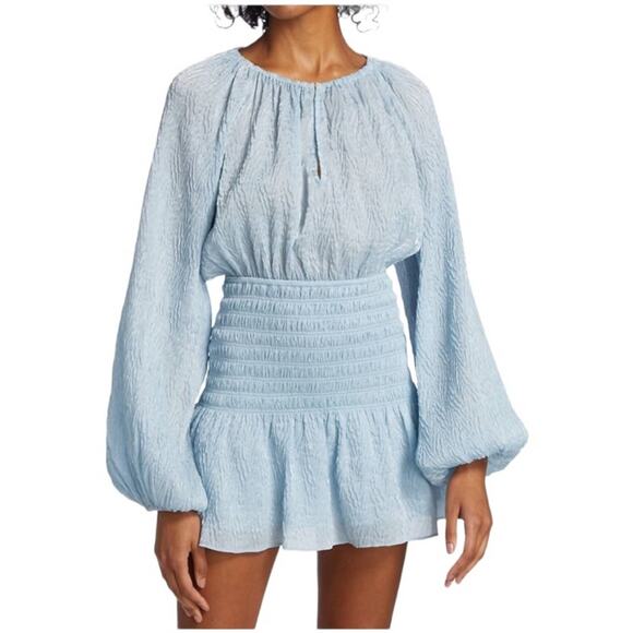 NWT RAMY BROOK DRESS L ICE BLUE BLOUSON SMOCKED BENNETT CRINKLE MINI LONG SLEEVE - Picture 1 of 12
